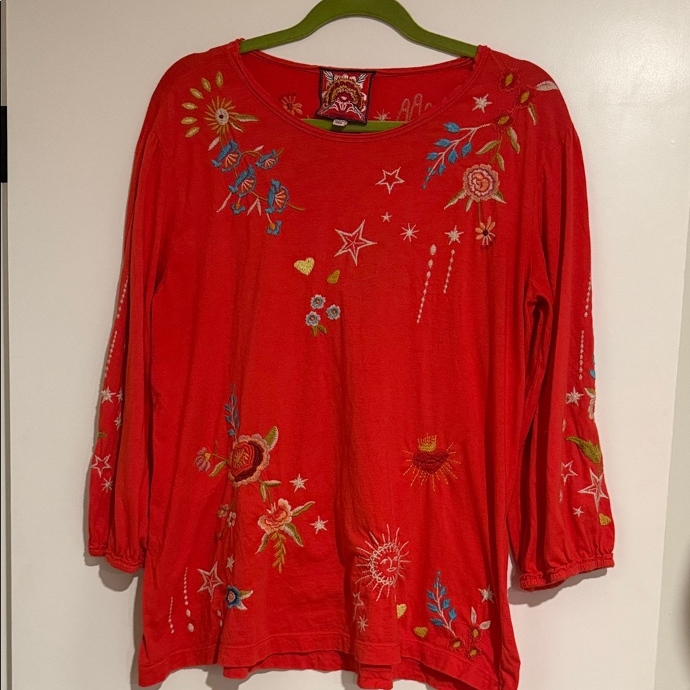 Johnny Was Embroidered Red Women's Top with 3/4 Sleeves